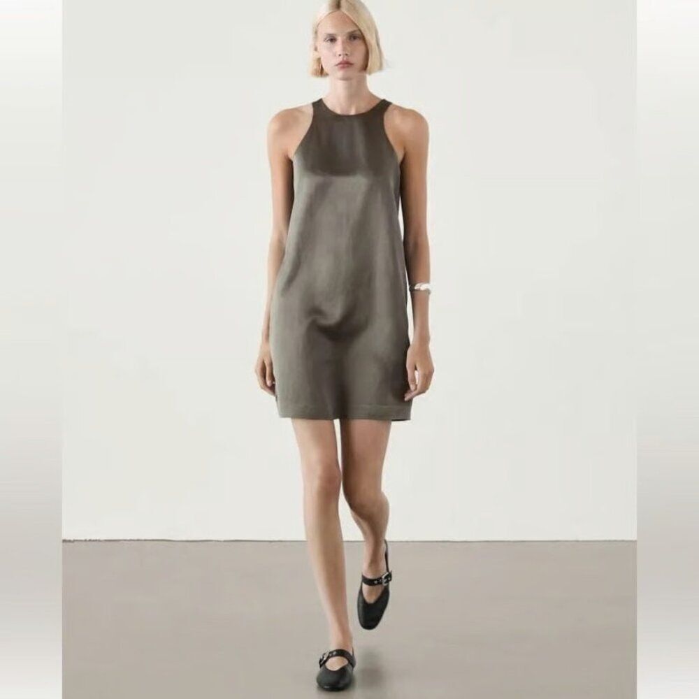 Massimo Dutti Womens Mini Dress Size M Gray Satin effect Sleeveless 6655/655 NWT